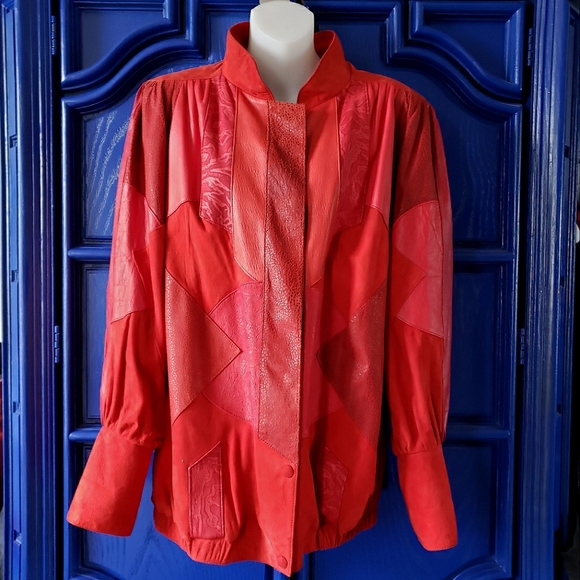 80s Vintage Red Patchwork Leather Jacket - Picture 1 of 16